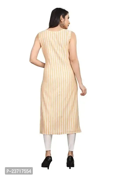 Reem Creation Women's Striped Print Khadi Cotton Sleeve Less A Line Kurti(Beige_L)-thumb2