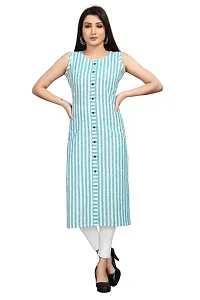 Reem Creation Women's Striped Print Khadi Cotton Sleeve Less A Line Kurti(Blue_M)-thumb2