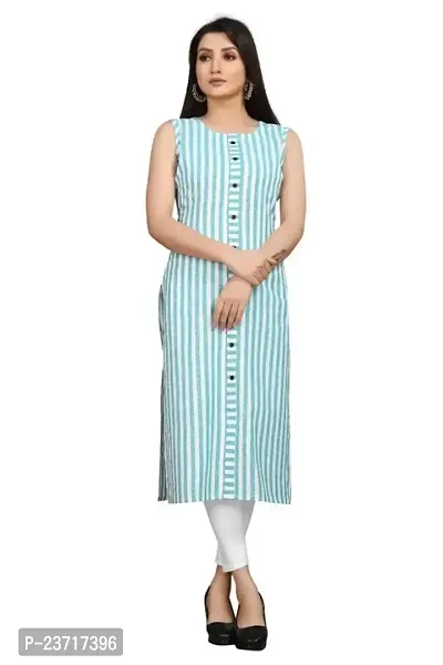 Reem Creation Women's Striped Print Khadi Cotton Sleeve Less A Line Kurti (Blue_L)