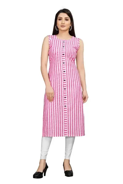 Reem Creation Women's Striped Print Khadi Sleeve Less A Line Kurti(Pink_XL)