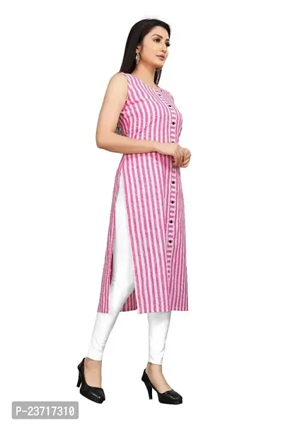 Reem Creation Women's Striped Print Khadi Cotton Sleeve Less A Line Kurti(Pink_L)-thumb3