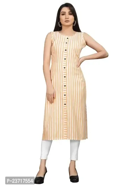 Reem Creation Women's Striped Print Khadi Cotton Sleeve Less A Line Kurti(Beige_L)