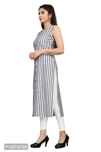 Reem Creation Women's Striped Print Khadi Cotton Sleeve Less A Line Kurti(Grey_L)-thumb4