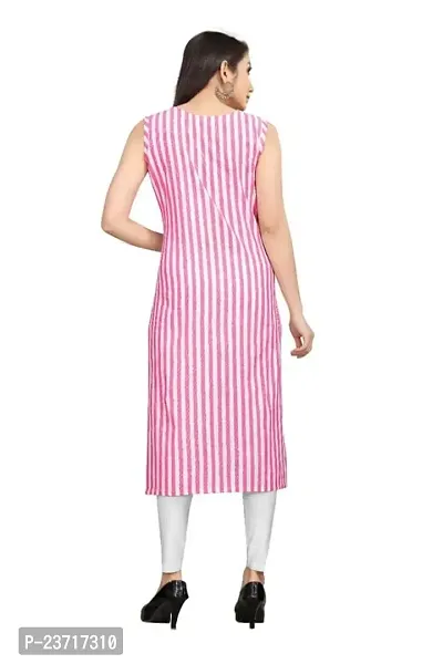 Reem Creation Women's Striped Print Khadi Cotton Sleeve Less A Line Kurti(Pink_L)-thumb2