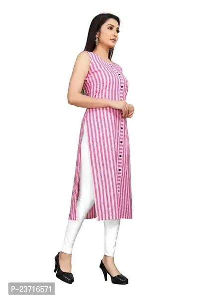 Reem Creation Women's Striped Print Khadi Cotton Sleeve Less A Line Kurti(Pink_XL)-thumb3