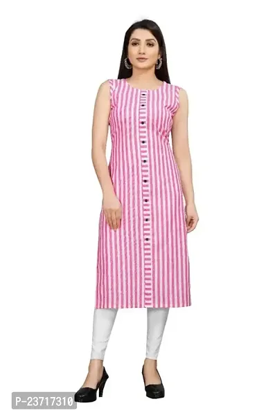 Reem Creation Women's Striped Print Khadi Cotton Sleeve Less A Line Kurti(Pink_L)