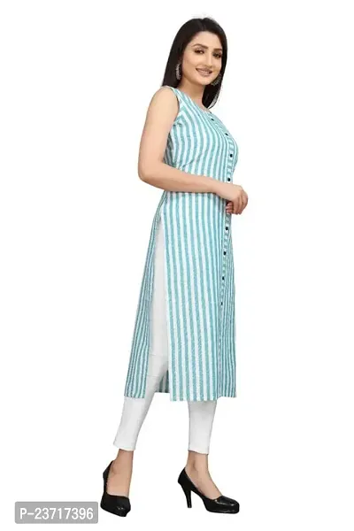 Reem Creation Women's Striped Print Khadi Cotton Sleeve Less A Line Kurti (Blue_L)-thumb4