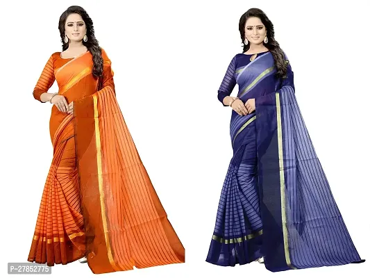 Elegant Striped Daily Wear Cotton Silk Women Saree With Blouse Piece -Pack Of 2 For Women