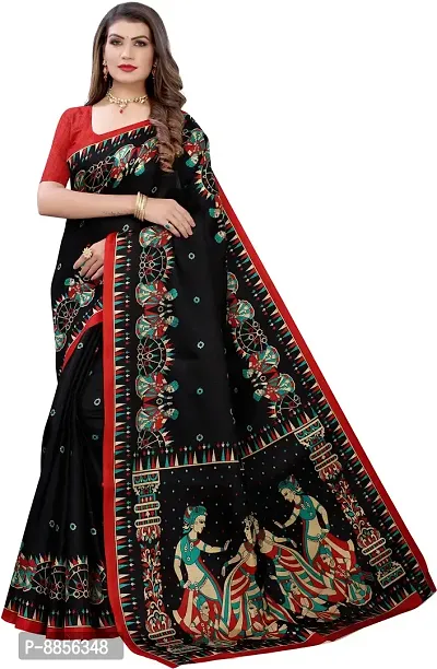 Elegant Printed Madhubani Art Silk Women Saree With Blouse Piece -Black