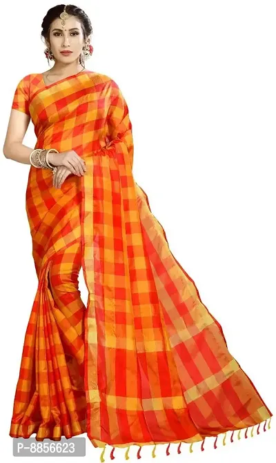 Elegant Checked Chettinadu Silk Blend Women Saree With Blouse Piece -Yellow-thumb0
