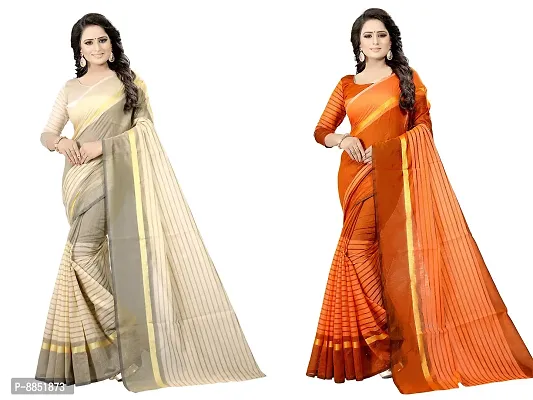 Elegant Striped Daily Wear Cotton Silk Women Saree With Blouse Piece -Pack Of 2-thumb0