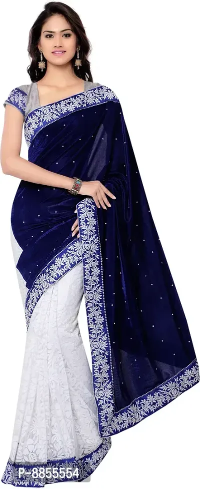 Elegant Embroidered Bollywood Velvet And Brasso Women Saree With Blouse Piece -Pack Of 2, White, Blue-thumb0