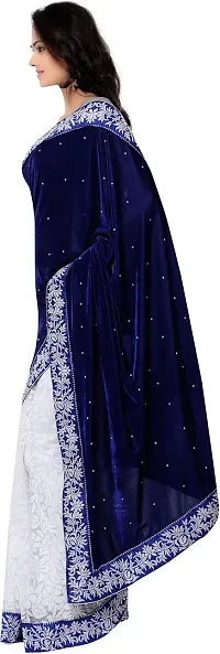 Elegant Embroidered Bollywood Velvet And Brasso Women Saree With Blouse Piece -Pack Of 2, White, Blue-thumb2