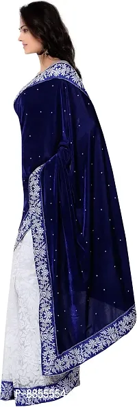 Elegant Embroidered Bollywood Velvet And Brasso Women Saree With Blouse Piece -Pack Of 2, White, Blue-thumb3