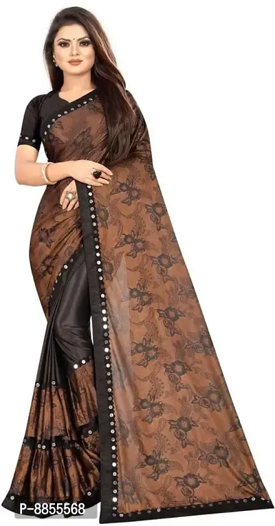 Elegant Printed Bollywood Lycra Blend Women Saree With Blouse Piece -Brown