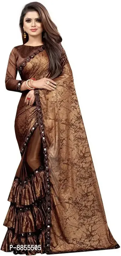 Elegant Printed Bollywood Lycra Blend Women Saree With Blouse Piece -Brown