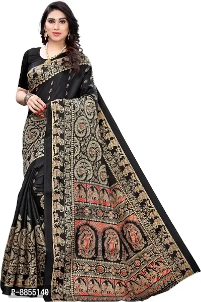 Elegant Printed Kalamkari Art Silk Women Saree With Blouse Piece -Black-thumb0