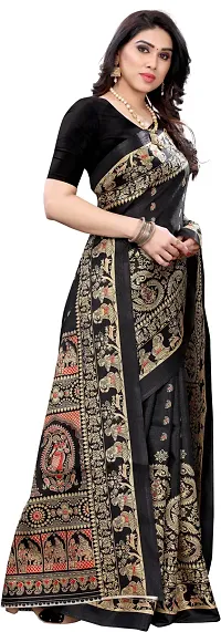 Elegant Printed Kalamkari Art Silk Women Saree With Blouse Piece -Black-thumb1