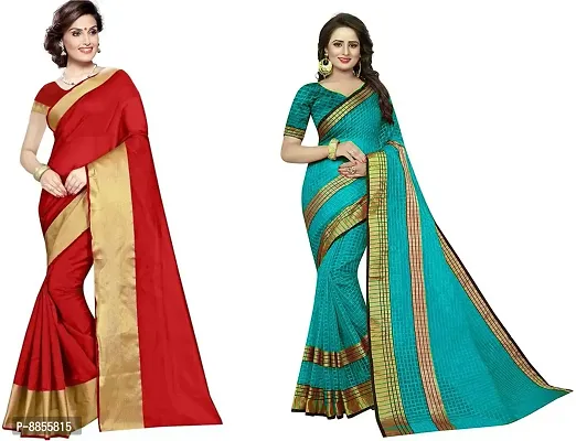 Elegant Geometric Print Daily Wear Cotton Silk Women Saree With Blouse Piece -Pack Of 2