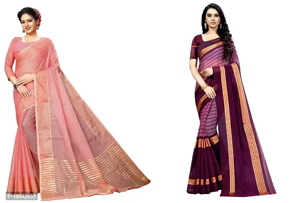 Stylish Cotton Blend Saree With Blouse Piece For Women Pack Of 2