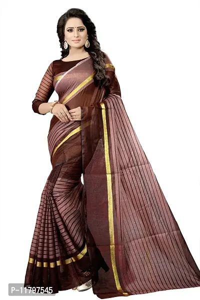 Beautiful Brown Cotton Blend Saree with Blouse piece-thumb0