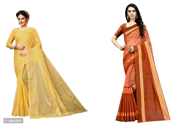 Stylish Cotton Blend Saree With Blouse Piece For Women Pack Of 2-thumb0