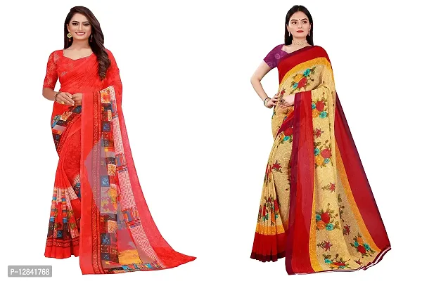 SAADHVI Womens Georgette Printed Combo Saree With Unstithed Blouse (Red & Mustard) (GEO_02_GEO_85$)