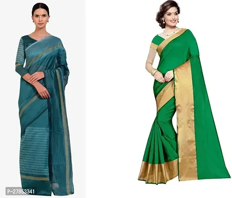 Elegant Woven Design Daily Wear Cotton Silk Women Saree With Blouse Piece -Pack Of 2 For Women-thumb0