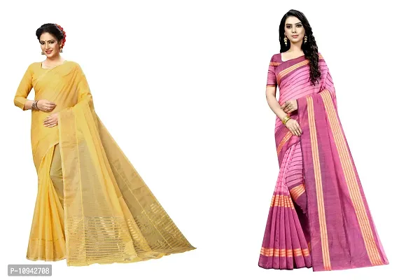 Stylish Cotton Blend Saree With Blouse Piece For Women Pack Of 2