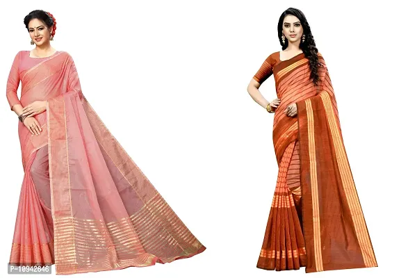 Stylish Cotton Blend Saree With Blouse Piece For Women Pack Of 2-thumb0