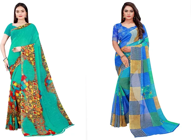 Stylish Fancy Georgette Saree With Blouse Piece Combo For Women Pack Of 2