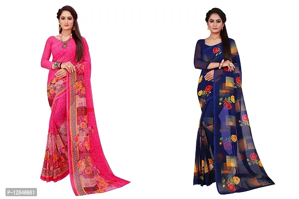 SAADHVI Womens Georgette Printed Combo Saree With Unstithed Blouse (Magenta & Navy) (GEO_13_GEO_42$)