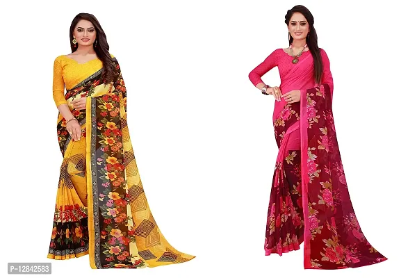 SAADHVI Womens Georgette Printed Combo Saree With Unstithed Blouse (Yellow Magenta) (GEO_06_GEO_11$)-thumb0