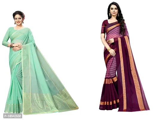 Stylish Cotton Blend Saree With Blouse Piece For Women Pack Of 2