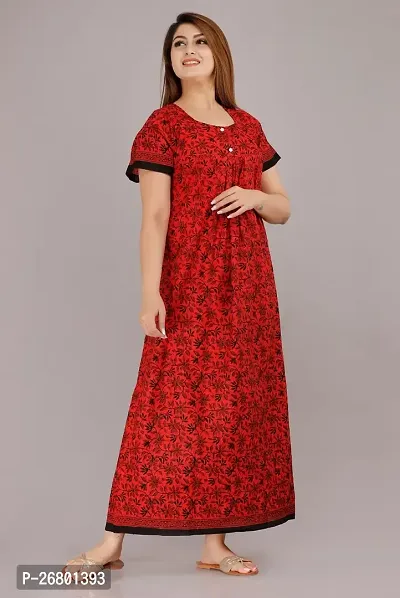 Stylish Red Cotton Printed Nighty For Women-thumb0