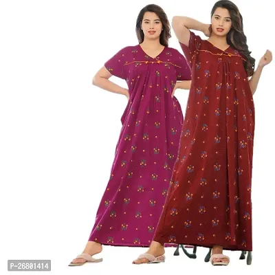 Stylish Multicoloured Cotton Printed Nighty For Women, Pack Of 2