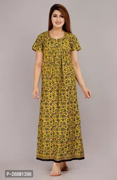 Stylish Yellow Cotton Printed Nighty For Women