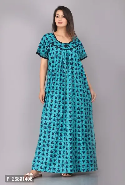 Stylish Blue Cotton Printed Nighty For Women