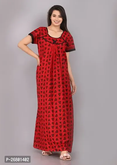 Stylish Red Cotton Printed Nighty For Women-thumb0