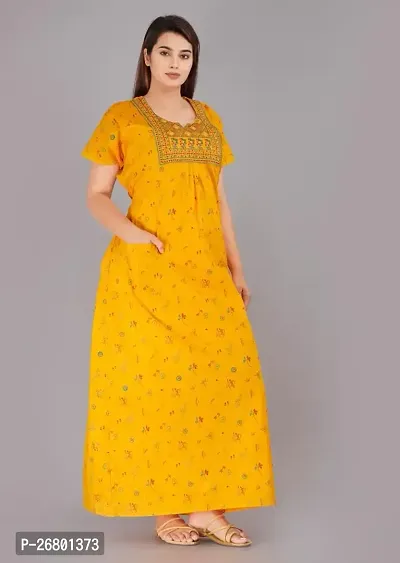 Stylish Yellow Cotton Printed Nighty For Women-thumb0