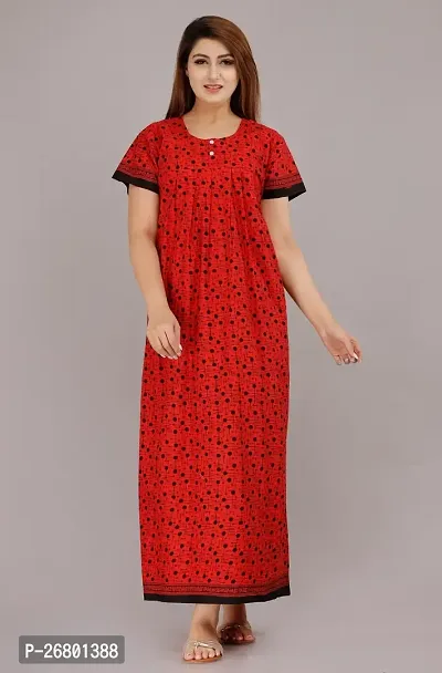 Stylish Red Cotton Printed Nighty For Women-thumb0