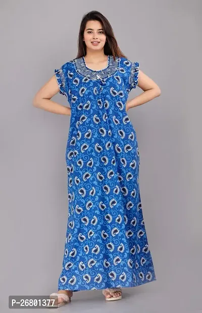 Stylish Blue Cotton Printed Nighty For Women