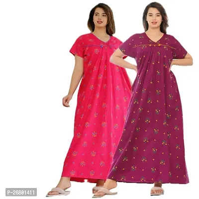 Stylish Multicoloured Cotton Printed Nighty For Women, Pack Of 2