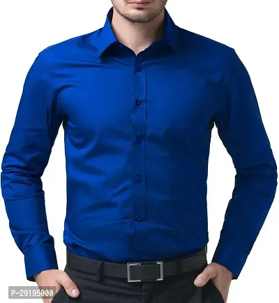 Stylish Blue Cotton Blend Solid Long Sleeves Formal Shirts For Men