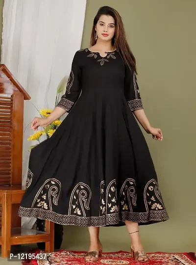 Priyshi Designing Women's Ethnic Beautiful Rayon Fabric Printed Hand Block Anarkali Kurti (L, Black)-thumb0