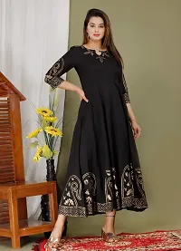 Priyshi Designing Women's Ethnic Beautiful Rayon Fabric Printed Hand Block Anarkali Kurti (L, Black)-thumb2