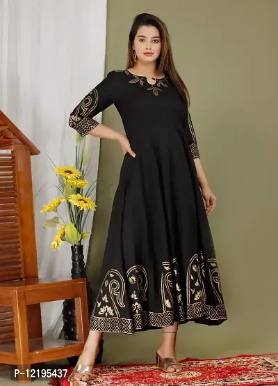 Priyshi Designing Women's Ethnic Beautiful Rayon Fabric Printed Hand Block Anarkali Kurti (L, Black)-thumb3