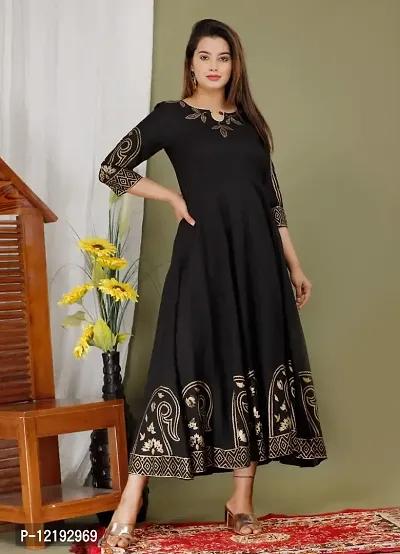 Priyshi Designing Women's Ethnic Beautiful Rayon Fabric Printed Hand Block Anarkali Kurti (S, Black)-thumb3