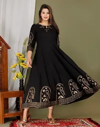 Priyshi Designing Women's Ethnic Beautiful Rayon Fabric Printed Hand Block Anarkali Kurti (M, Black)-thumb3