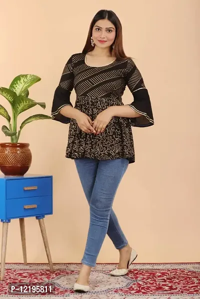 Priyanshi Garments Hand Print Premium Woman's & Girls Top - Black- Green- Blue (38, Black)-thumb4